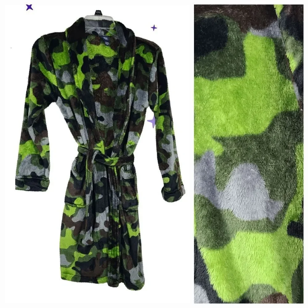 Camo Bathrobe Boys L 10/12 Faux Fur Fleece Sleepwear Robe Plush Camoflauge